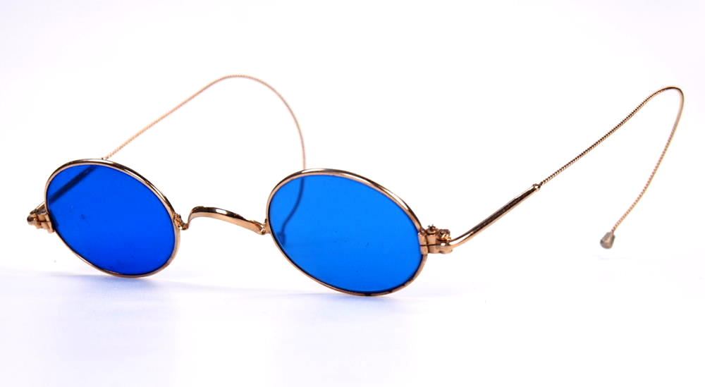 Antikbrille oval, gold mit  sehr seltenen kobaltblauen Plangläsern